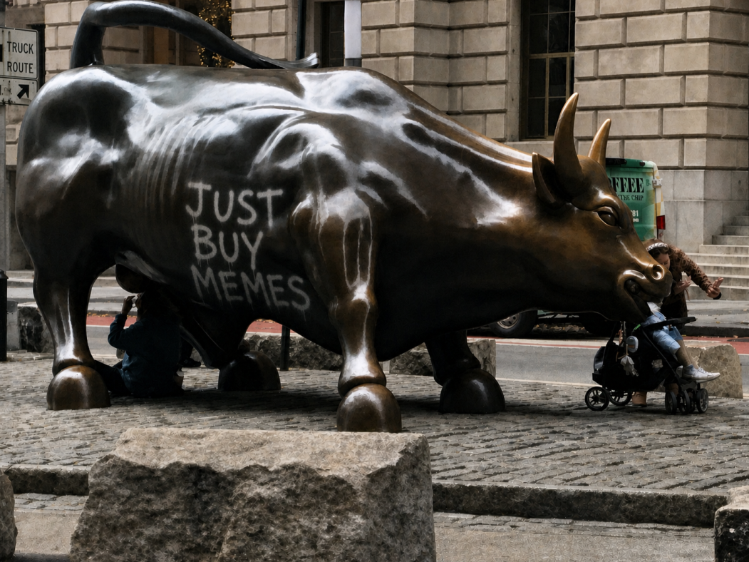 Charging Bull statue with Just Buy Memes graffiti photographed from the street